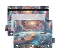 Pencil Pouch 3 Ring Binder Science Fiction Space Planet Pen Pencil Bags with Zipper Flower School Clear Binders Pockets Fabric 9.8" x 7.1", 2 Packs