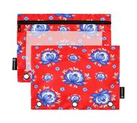 Pencil Pouch for 3 Ring Binder, 2 Pack, Soft 3 Ring Pencil Pouch for Binder, Back to School Essentials, 9.8″ × 7″, Russian Folk Floral Blue White Red