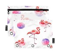 Pencil Pouch for 3 Ring Binder, 2 Pack, Soft Clear Pencil Pouch with Rings, Back to School Supplies, 9.8″ × 7″, Watercolor Pink Flamingo White