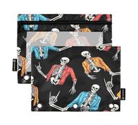 Pencil Pouch for 3 Ring Binder, 2 Pack, Soft Pencil Holder with 3 Rings, Back to School Essentials, 9.8″ × 7″, Human Skeletons Rock Roll Gesture