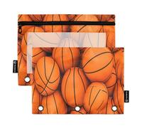 Pencil Pouch for 3 Ring Binder, 2 Pack, Soft Pencil Pouch with 3 Rings, Back to School Essentials, 9.8″ × 7″, Basketballs Vibrant Orange Color