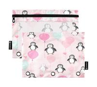 Pencil Pouch for 3 Ring Binder, 2 Pack, Soft Pencil Pouch with Binder Rings, Back to School Supplies, 9.8″ × 7″, Cute Penguins Balloons Pink