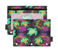 Pencil Pouch for 3 Ring Binder, 2 Pack, Soft Pencil Pouch with Three Rings, Back to School Essentials, 9.8″ × 7″, Colorful Neon Sea Turtles Black