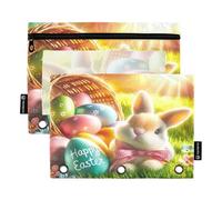 Pencil Pouch for 3 Ring Binder, 2 Pack Zippered Pouch with Clear Window, Back to School Supplies, 9.8 In × 7″ In, Easter Rabbit Basket Sunshine