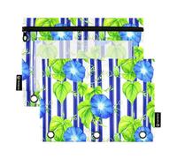 Pencil Pouch for 3 Ring Binder Blue Morning Glory Flowers Stripe Pen Pencil Bag Zipper Binder Funny Clear Binders Pen Case School Fabric 9.8" x 7.1", 2 Packs