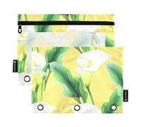 Pencil Pouch for 3 Ring Binder Calla Lilies Green Leaves Yellow Zipper Binder Pencil Bags Funny School Binders Clear Pockets Soft 9.8" x 7.1", 2 Packs