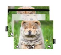 Pencil Pouch for 3 Ring Binder Chow Puppy Dog Grass Pen Pencil Bags with Zipper Animal Floral Clear Binders Pen Case School Floral 9.8" x 7.1", 2 Packs
