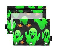 Pencil Pouch for 3 Ring Binder Halloween Scary Green Ghosts Zipper Binder Pencil Bag Pen Custom School Binders Clear Pockets Soft 9.8" x 7.1", 2 Packs