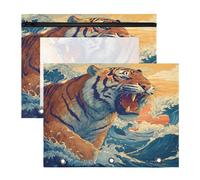 Pencil Pouch for 3 Ring Binder Pencil Case Clear Window Top Pencil Bag Big Capacity for Office School 2 Pack Tiger Wave