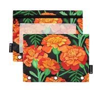 Pencil Pouch for 3 Ring Binder Vibrant Red Orange Marigold Flowers Black Zipper Binder Pencils Bags Cartoon Clear Binders Pen Case School Transparent 9.8" x 7.1", 2 Packs