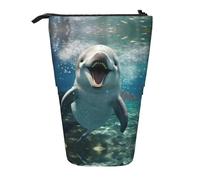 Pencil Pouch Funny Animal Dolphin Print Stationery Bag Portable Pen Pouch Bag with Compartments Standing Pencil Case for Girls, Boys, Office Supplies
