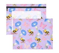 Pencil Pouches Clear Pen Holder Case for A4 Paper Letter 2 Pack Students Classroom Supplies Morning Glory Flower Purple Funny Bees