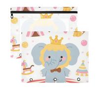 Pencil Pouches Clear Window 3 Hole Punch for 3 Rings Binder 2 Pack Students Art Supplies Storage Cute Cartoon Grey Circus Elephants