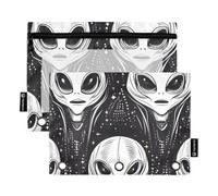 Pencil Pouches for Kids with Clear Window Black and White Cartoon Evil Aliens Large Pencil Bags Clear Window & Grommets 3 Rings Binder for Classroom School Office Supplies Multicolored 2 PCS