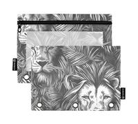 Pencil Pouches for Kids with Clear Window Black and White Lion Pencil Bags Big Capacity 3 Hole Punched folders for Storing School Office Supplies Multicolored 2 PCS