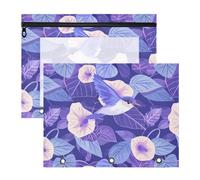 Pencil Pouches Multi-Purpose 3 Hole Punch for A4 Paper Letter 2 Pack Teacher Home Cartoon Purple Morning Glory Flowers Birds