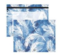 Pencil Pouches with 3 Reinforced Grommets 3 Hole Pocket for A4 Paper Letter 2 Pack Students Classroom Supplies Tie-dye Blue White Feathers