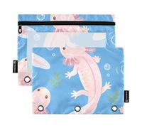 Pencil Pouches with Zipper 3 Hole Pocket for 3 Ringing Binder 2 Pack Teacher Classroom Supplies Axolotl in Blue Water