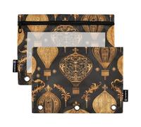 Pencil poucheses with Clear Window Vintage Hot Air Balloon in Black and Gold Pencil case in Assorted Colors 3 Hole Punched folders for Office School Supplies Cosmetics Multicolored 2 PCS