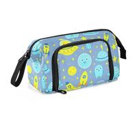 Pencil pouching Large Capacity Cute Space Alien Print Ufo rocketing Blue