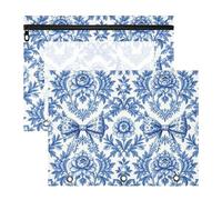 Pencil pouching with Smooth Zippers Plastic File Folder for 3 Ringing Binder 2 Pack Students Classroom Supplies Blue White Toile Bow Damask