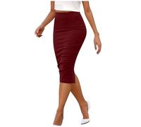 Pencil Skirts for Women UK Elasticated Waist Slim Bodycon Skirt Solid Color Ladies Knee Length Skirt Lightweight Elegant Office Business Skirts Wine