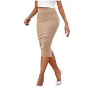 Pencil Skirts for Women UK Elasticated Waist Slim Bodycon Skirt Solid Color Ladies Knee Length Skirt Lightweight Elegant Office Business Skirts Khaki