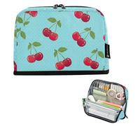 Pencil Storage Bag Cherries Leaves Blue White Polka Pencil Case Zipper Pouch Large Cute Pen Marker Bag for Girls Stationary Back to School Adults Office Supply