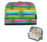 Pencil Storage Bags Green Cacti Colorful Horizontal Stripes Zipper Pencil Case Large Pencils Pouch Cute Pen Marker Bag for Girls Japanese Stationery Kids Organizer School Supply