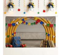 Pencils Backdrop, Playful Festive Flags Backpack Back to Campus Yellow Photography Backdrop for Home Room Wall Celebration Display Decor 71x43 Inch
