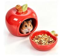 PENCK Ceramic Hamster Hideout and Food Bowl Set, Apple-Shaped Chew-Proof Sleeping Cave with Cooling Shelter Function, 2.9-inch Entrance Small Animal House for Syrian Dwarf Hamsters, Mice (Red)