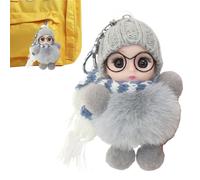 Pendant Doll Keychain, Cute Doll Keyring - Beautiful Decorative Doll Bag Charm - Pretty Doll Pendant with Big Eyes, Ornament with Glasses, Scarf and Hat, gray, Siehe Beschreibung