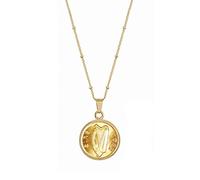 Pendant Irish Half Penny Coin Necklace- Saturn Style 18+3 Inch Extender Chain- Goldtone Bezel- Harp Obverse Side, Zinc, No Gemstone