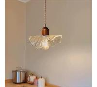 pendant light bedroom Nordic Wood Modern Chandelier with Imitation Ice Flower Glass Shade Japanese Style Adjustable Hanging for Kitchen Island(Dia-26cm)