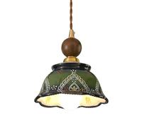 Pendant Light Ceramic Hanging Lamp Green Floral Pattern Shade Walnut Wood Accent Gold Metal Hardware Adjustable Braided Cord Ceiling Fixture for Kitchen Island Dining Room Bedroom Bedside Cafe