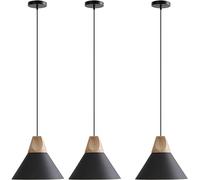 Pendant Light Fixture with Remote Control - Battery Operated Solid Wood Hanging Lamp for Kitchen Island, Dining Room, Foyer, Hallway - Pack of 3