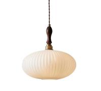 Pendant Light Hanging Lamp, Ribbed White Glass Saucer with Wood Accent, Indoor Lighting, E26 Base, Vintage Mid Century Japandi Style Fixture for Dining Table, Bedroom, Cafe