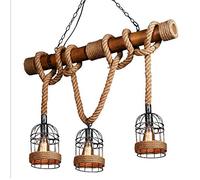 Pendant Light - Rustic Hemp Rope, Vintage Bamboo Design with Iron Cage Lampshade, Industrial Ceiling Fixture for Kitchen Island, Dining, Bedroom, Restaurant