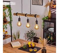 Pendant Light Toledo, Modern Pendant Light Made of Metal/Wood in Black/Nature, Adjustable Light in Scandinavian Design, Rod Made of Real Wood, Height max. 125 cm, 3-Flame, E27, Without Bulb
