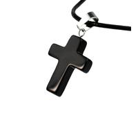 Pendant Necklace,Adjustable Lobster Clasp High-End Natural Gemstone Crystal Leather Cord Cross Pendant Necklace,Energy Jewellery for Women Men Blackstone