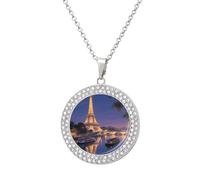 Pendant Necklace for Women Night View of The Eiffel Tower in Paris Diamond Disc Charm Necklace with 19.7 Inch Chain, Round Sparkling Crystal Necklaces Jewelry for Party, Date & Christmas Gifts, One