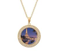 Pendant Necklace for Women Night View of The Eiffel Tower in Paris Diamond Disc Charm Necklace with 19.7 Inch Chain, Round Sparkling Crystal Necklaces Jewelry for Party, Date & Christmas Gifts, One