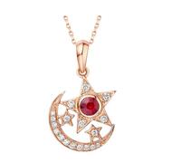 Pendant Necklace Women, Chain Link Necklace for Women Moon and Star with 0.12ct Red Round-Shape Ruby 14K Rose Gold 45cm