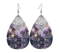 Pendant Violet Flower Pattern leather earrings | Water drop-shaped printed earrings, suitable for daily/party/dating scenes