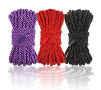 Penfeinx 3-Pack Soft Braided Twisted Silk Rope Durable Thick Rope Skin Friendly Smooth Rope 10 Meters/32 Feet 8MM Multipurpose Protecting Ending Decorative Twisted Long Satin Rope Black-Red-Purple