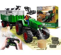 PENGBU RC Remote Controlled Tractor with Trailer, 2.4 GHz Tractor Remote Controlled Toy, Children's Tractor Tractor Remote Controlled with Front Loader, Trailer, Cow, Sheep and Hay Bale from 3 4 5 6 8