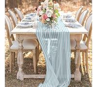 Pengcen Light Blue and White Stripes Chiffon Table Runners,Polyester Fabric Table Runner for Decoration Weddings and Parties Table,27 x 120 inch(69 x 304 cm)