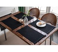Pengcen Rectangular Placemats Set of 4,Cotton Linen Fabric Placemats,Black Weave Stripes Pattern,Decorate the Living Room and Dining Table,12'' x 20''(30 x 50 cm)