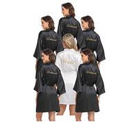 PENGEE 6 Pieces Women's Kimono Short Robe Wedding Party Bride & Bridesmaids Sets Bridal Shower Getting Ready Robes, Black & White, One Size