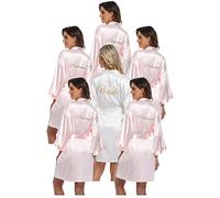 PENGEE 6 Pieces Women's Kimono Short Robe Wedding Party Bride & Bridesmaids Sets Bridal Shower Getting Ready Robes, Pink & White, One Size
